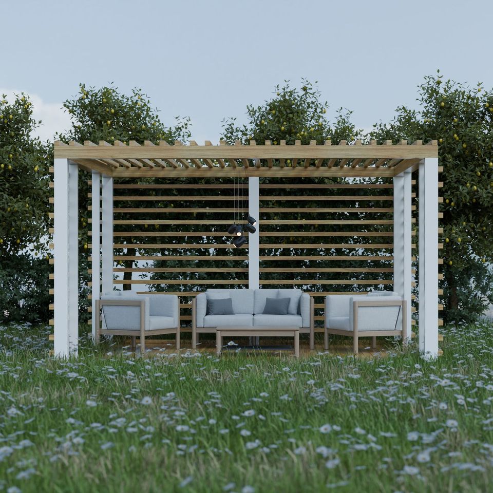 Pergola blanche et salon de jardin